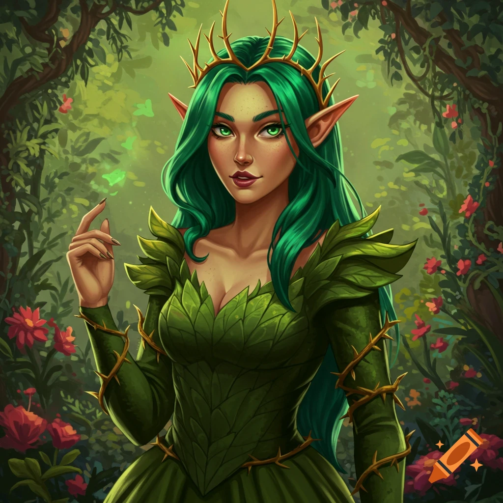 A half-elf woman with green hair, skin, and a leaf dress, wearing a crown in a forest
