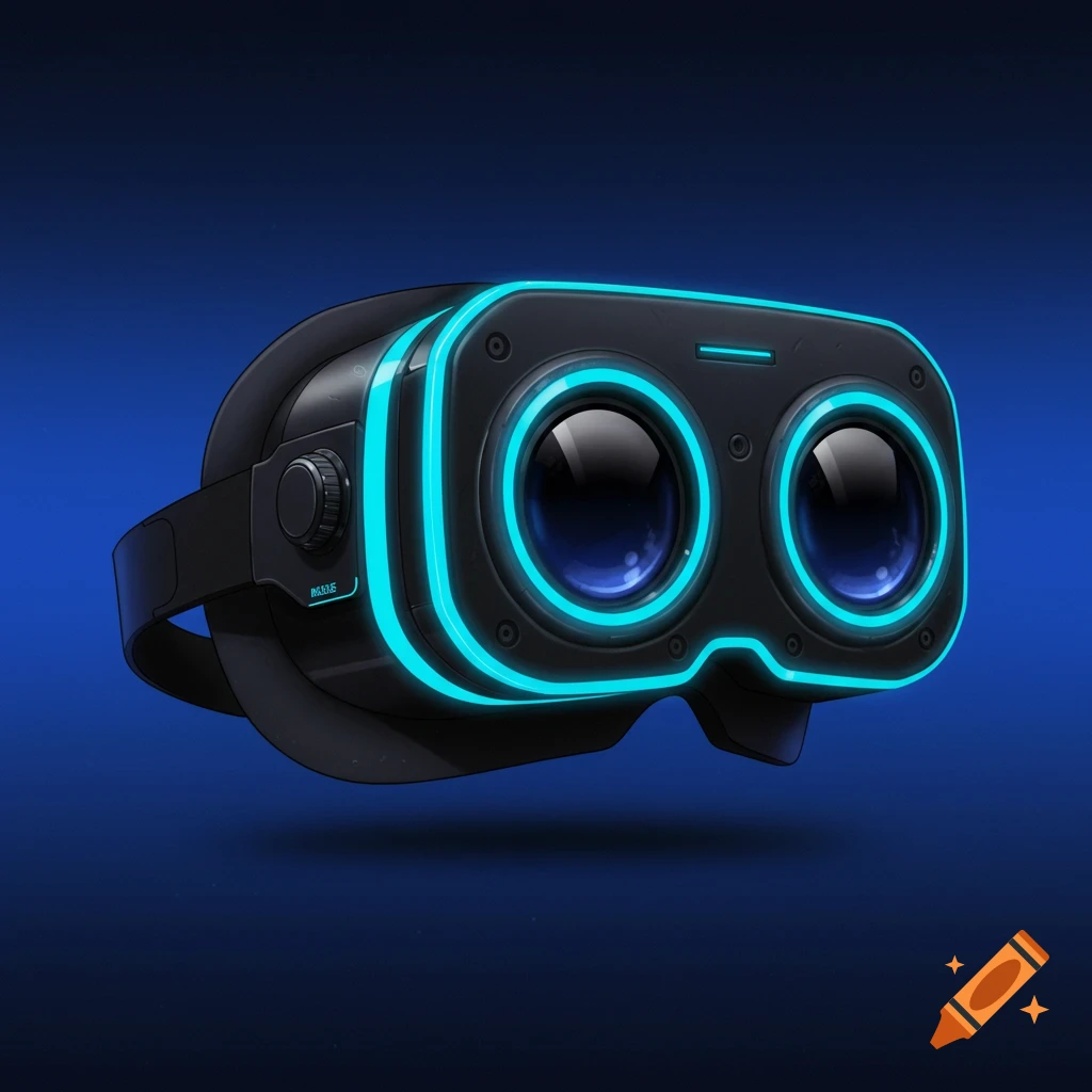 A sleek black VR headset with glowing blue accents on a dark blue background.
