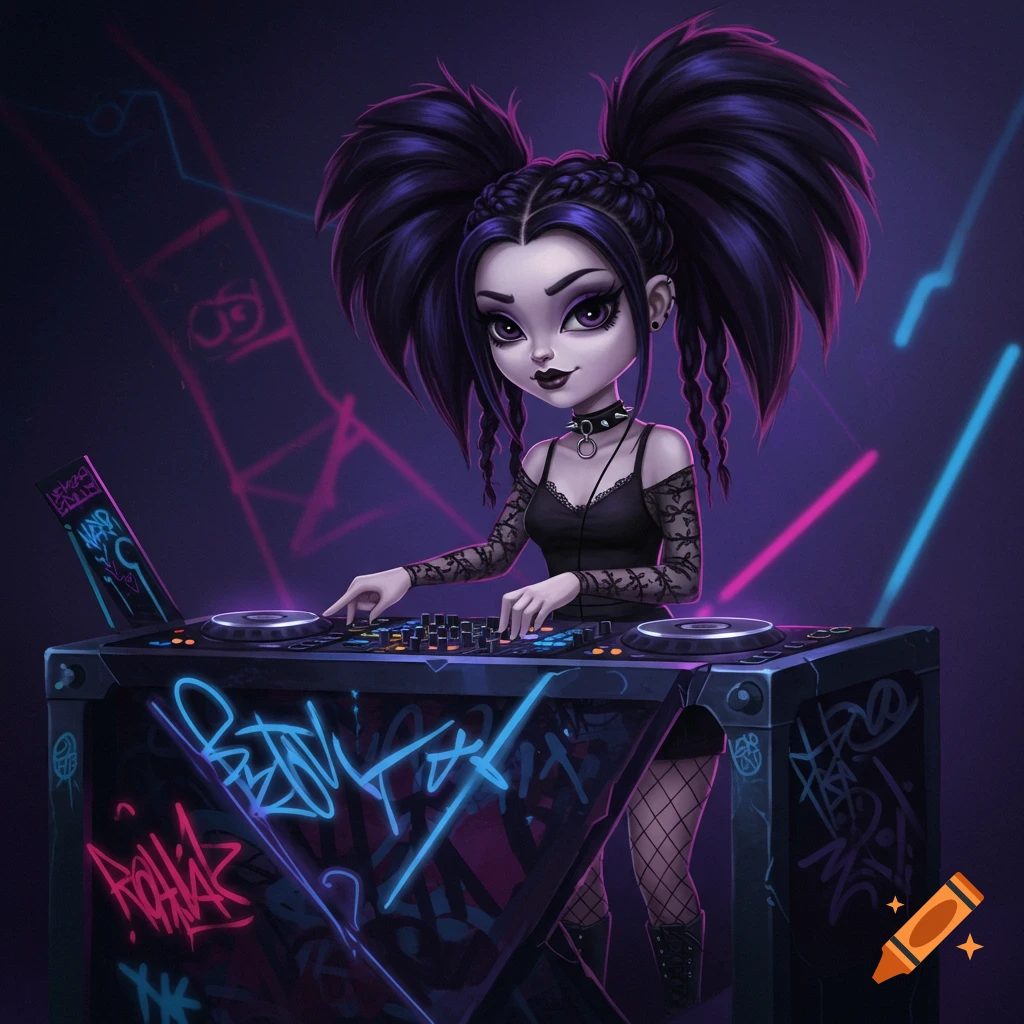 A cute goth girl with pigtails behind a DJ booth with neon graffiti, digital art