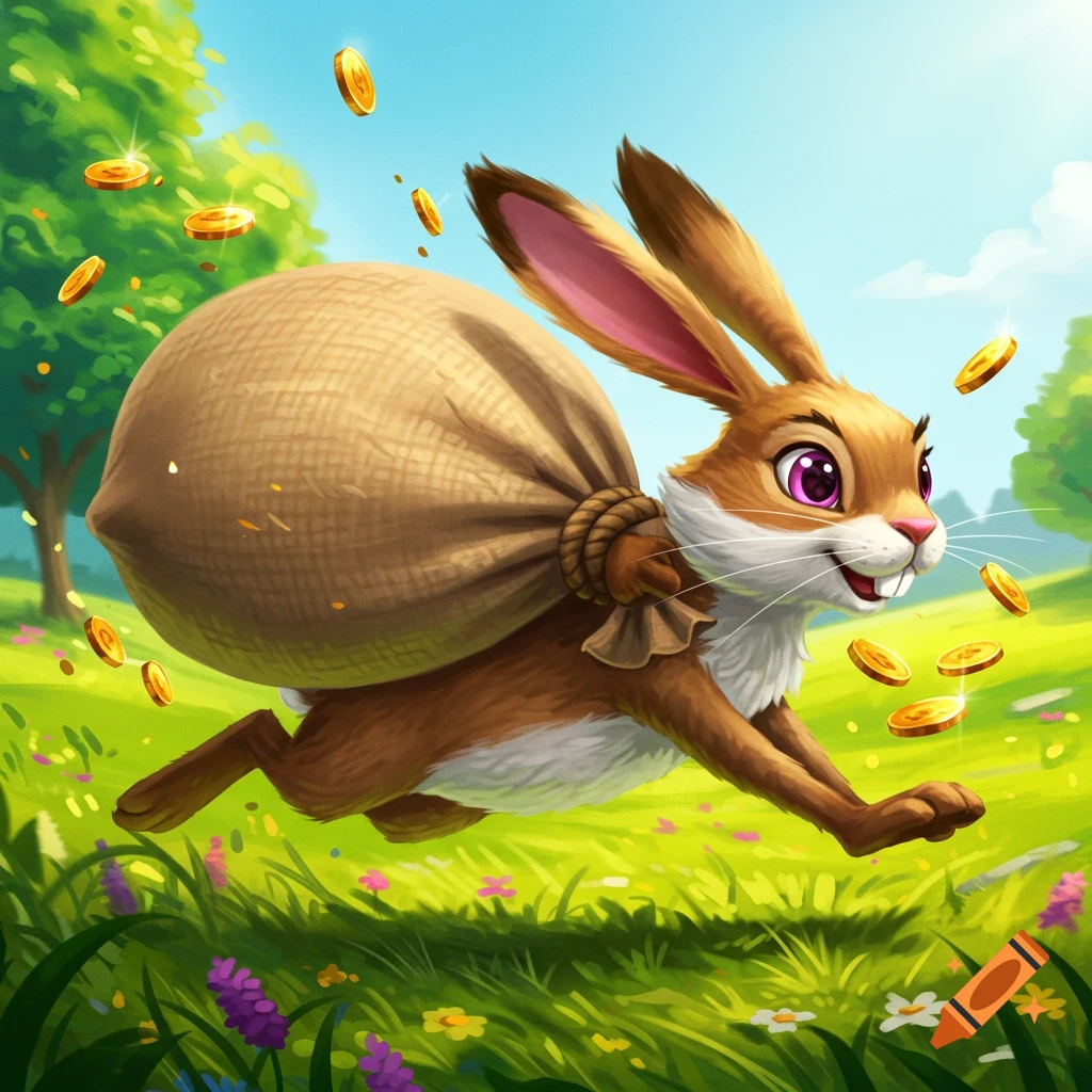 A cartoon rabbit is running with a large sack of money in a grassy field, surrounded by gold coins.