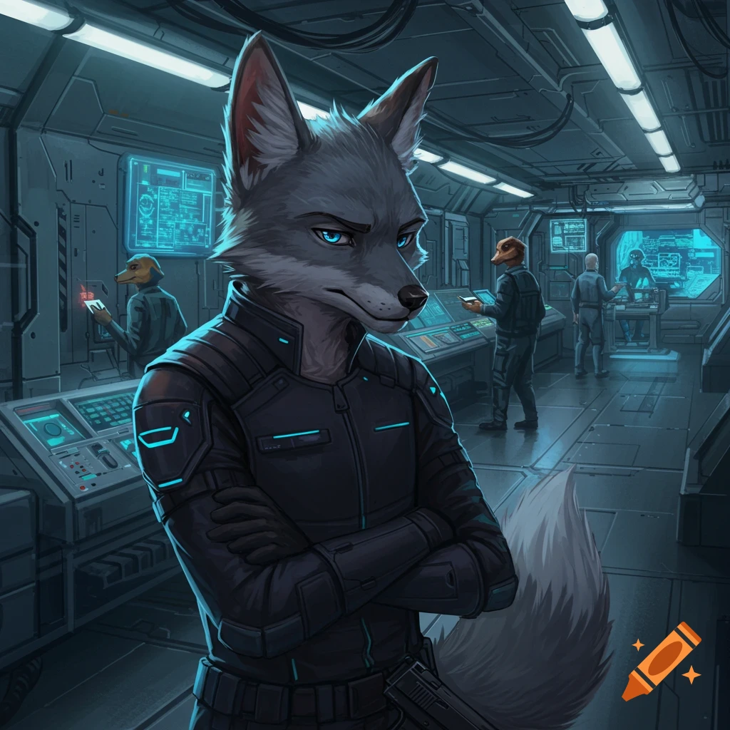 Anime-style image of a gray fox furry in a futuristic uniform standing in a sci-fi control room with other animal characters.