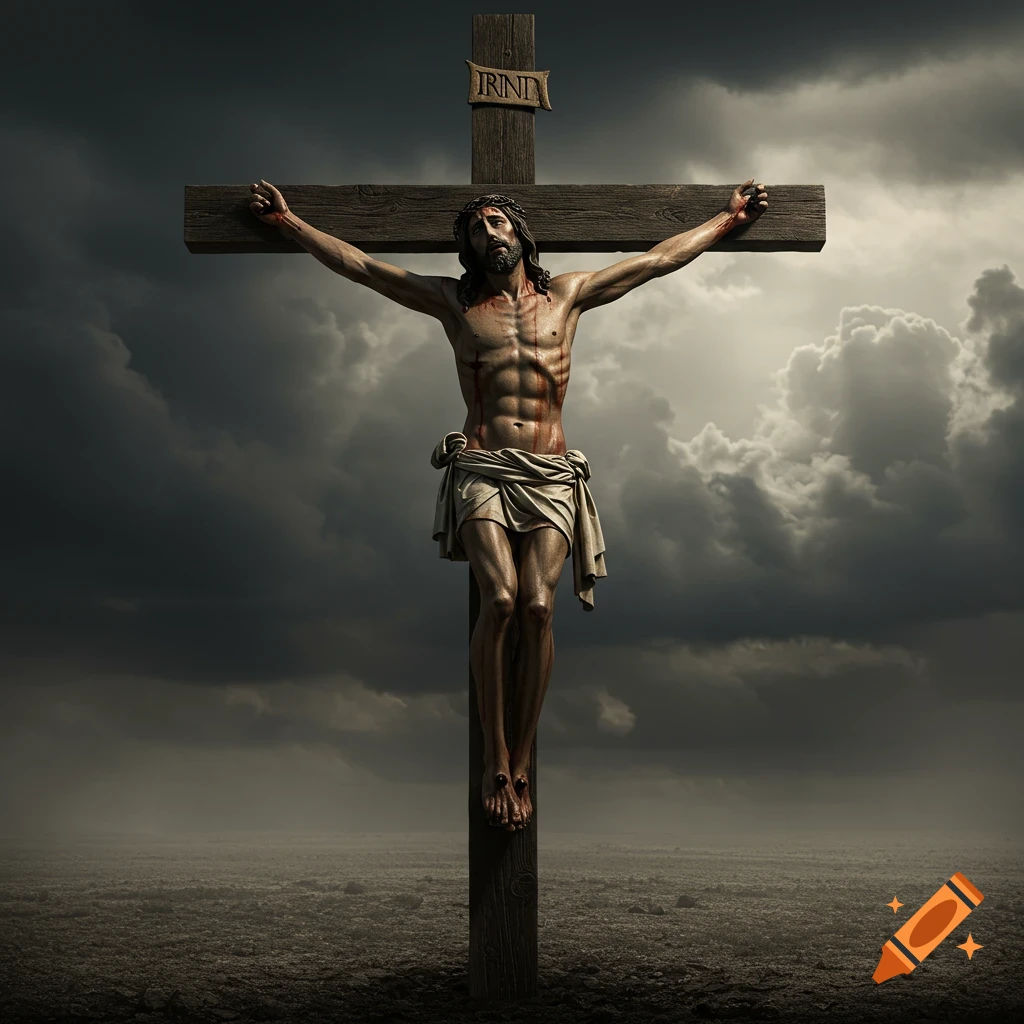 Photorealistic image of Jesus Christ on the cross under a stormy sky.