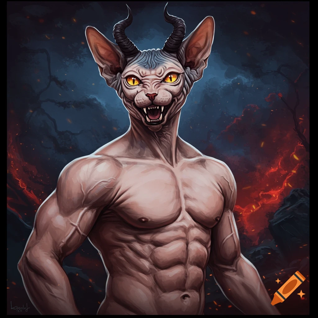 A muscular sphynx cat creature with devil horns stands in a dark, fiery landscape.