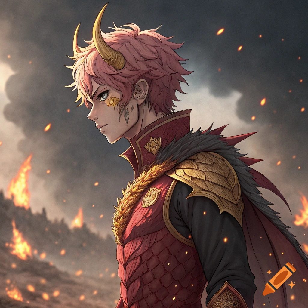 Anime male character with pink hair, horns, and red scale armor stands on a battlefield with fire and smoke.