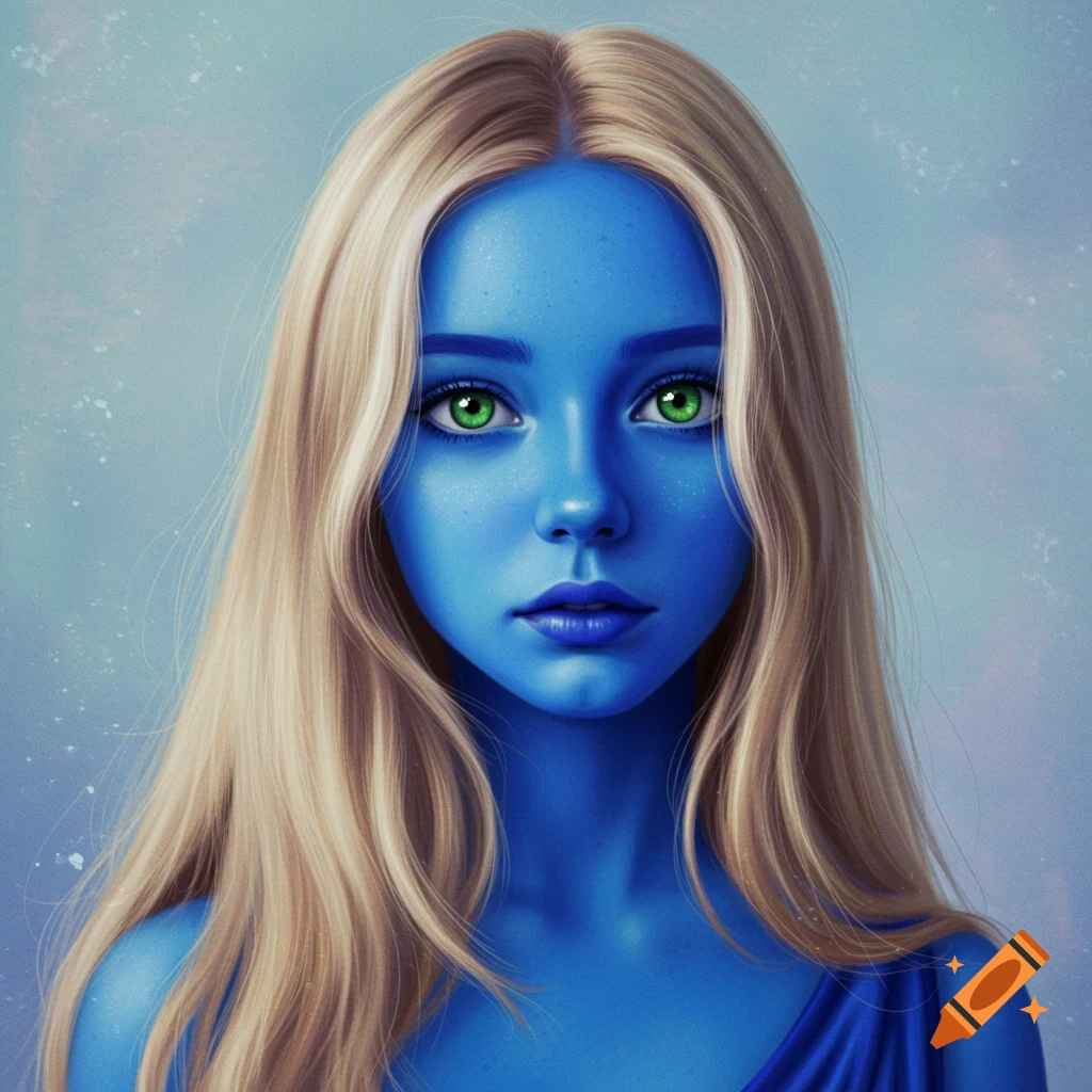 Portrait of a woman with blue skin, blonde hair, and green eyes wearing a blue dress in soft light.
