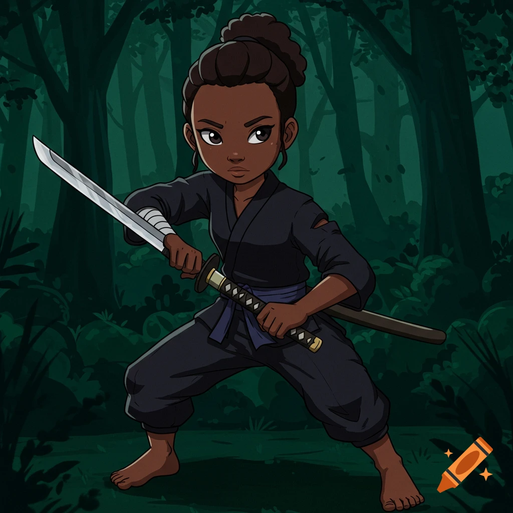 Anime illustration of a dark-skinned girl in a black ninja gi holding a sword in a forest.