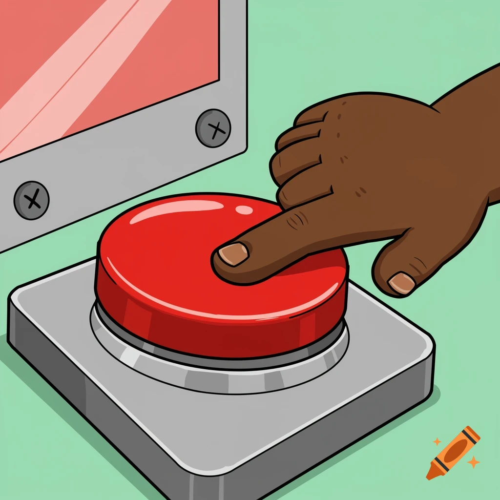A cartoon hand presses a large red button on a grey panel.