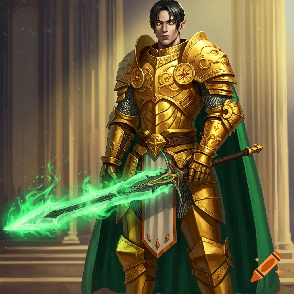 A fantasy image of a dark-haired paladin in golden armor and green cape, holding a glowing green sword in an ancient hall.
