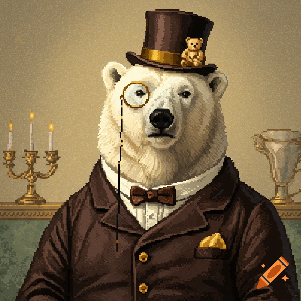 Pixel art portrait of a polar bear in a suit, top hat, and monocle.