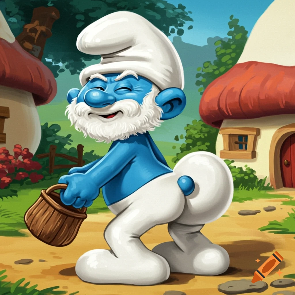 Cartoon illustration of Papa Smurf with an exaggerated backside winking in Smurf village.