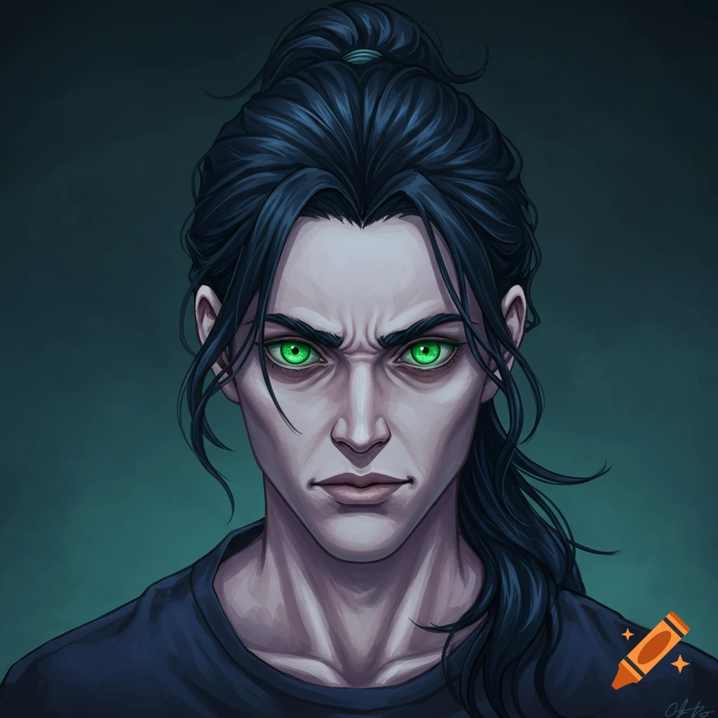 Anime style portrait of a man with dark hair in a ponytail and glowing green eyes, looking stern.