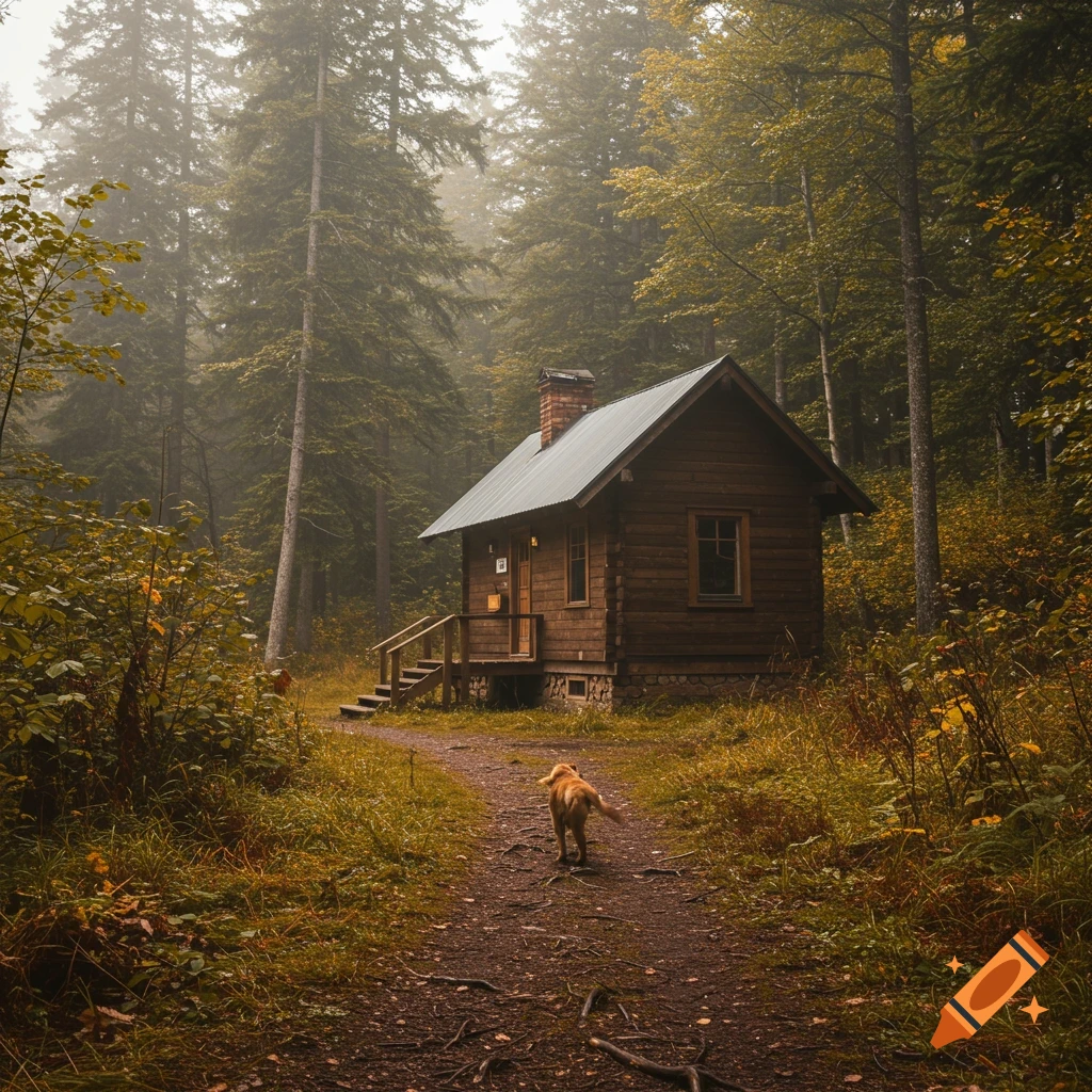 A golden retriever walks on a path toward a rustic cabin in a foggy forest.