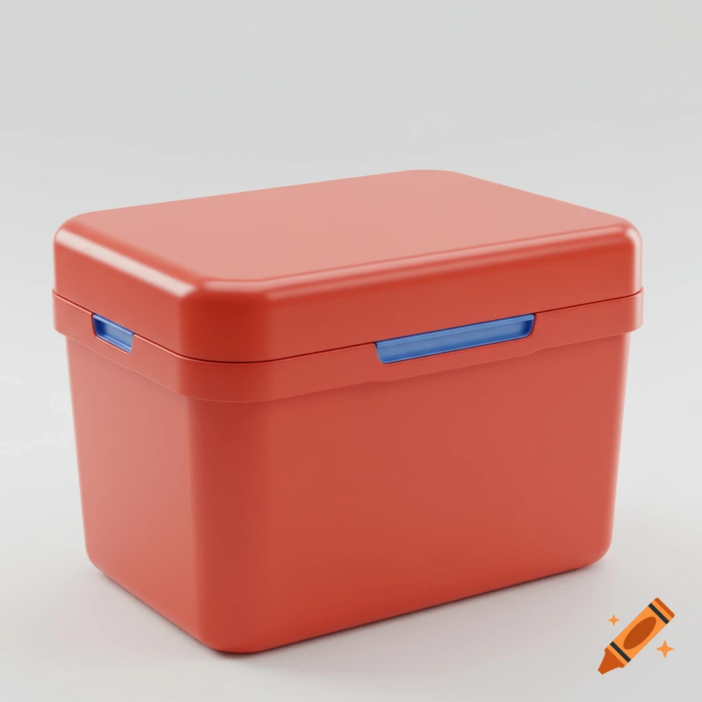 A red plastic storage box with blue clips