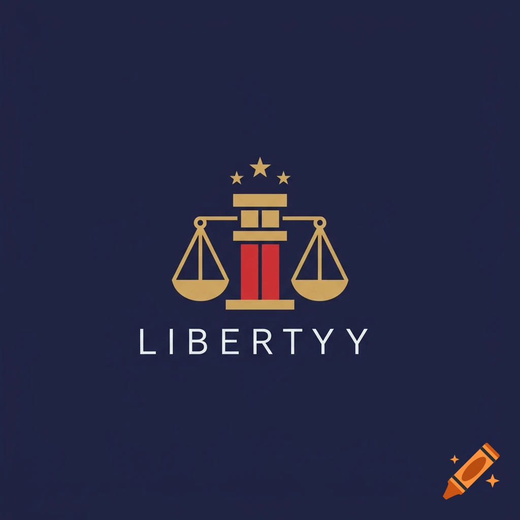 Minimalist logo with scales of justice, column, stars, and 'LIBERTYY' text on a dark blue background.