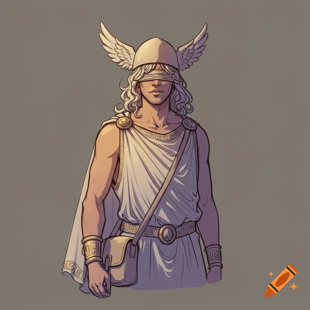 Colored sketch of a blindfolded man in Greek attire with a winged helmet and long hair.