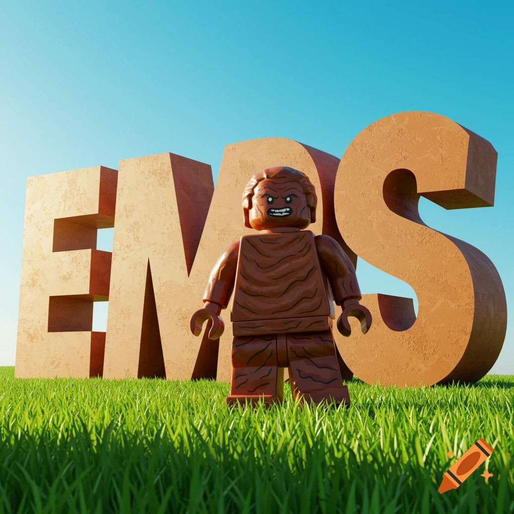 Lego Clayface figure stands before large orange EMDS letters on green grass under a blue sky, digital art.