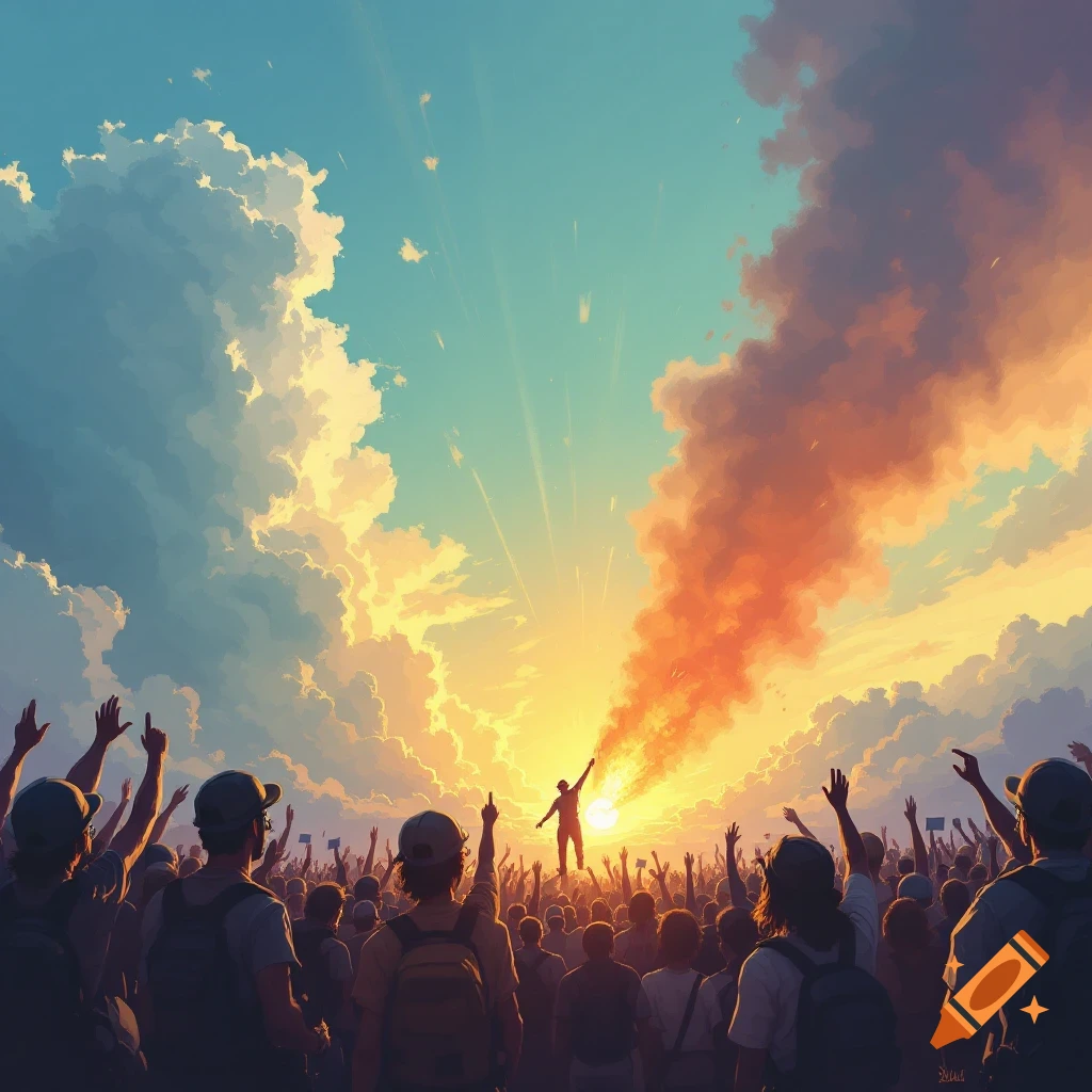 A crowd raises their hands towards a figure against a dramatic sunset sky.