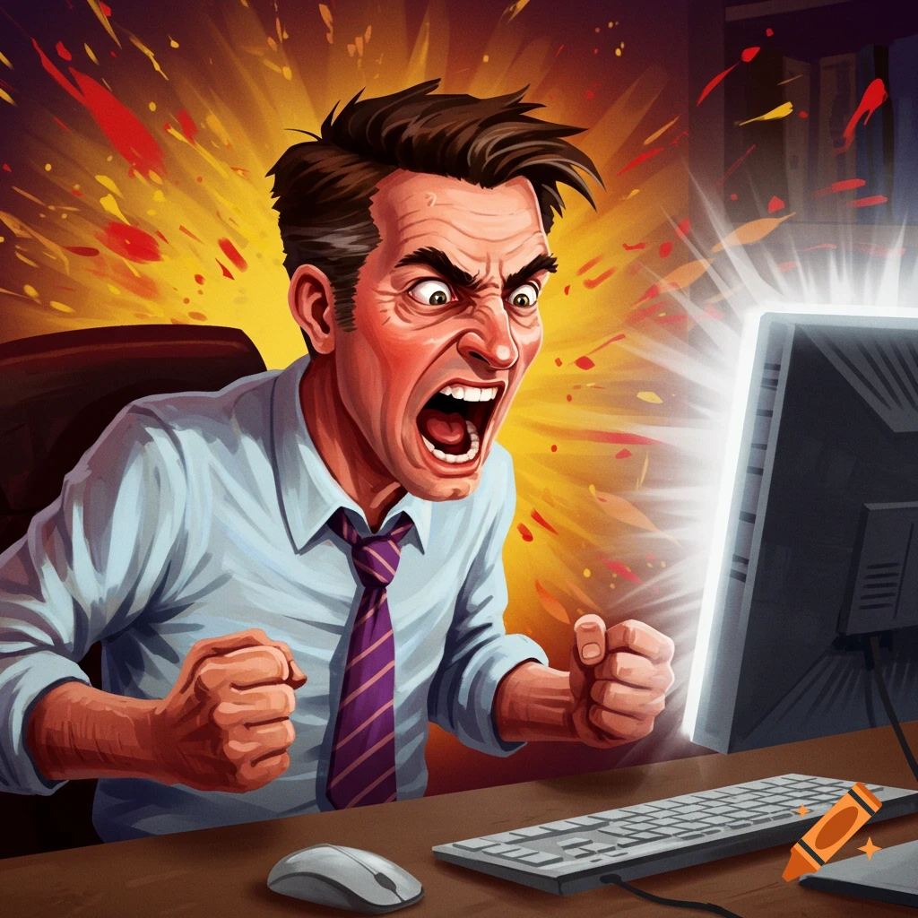 An angry man screams at a computer at a desk.