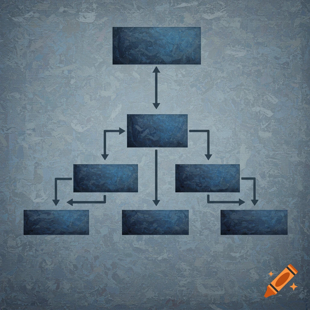 An abstract hierarchy diagram with textured blue and gray boxes and arrows on a textured background.
