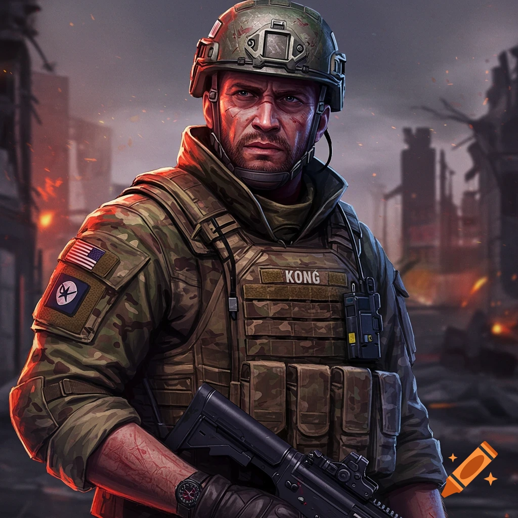 A soldier in tactical gear and helmet stands amidst a ruined city.