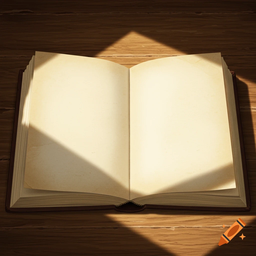 An open book with blank pages lies on a wooden table, lit by sunlight.