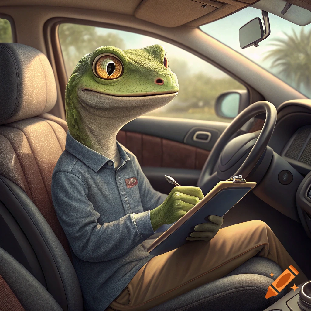 A cartoon gecko wearing a blue shirt drives a car, holding a pen and clipboard.