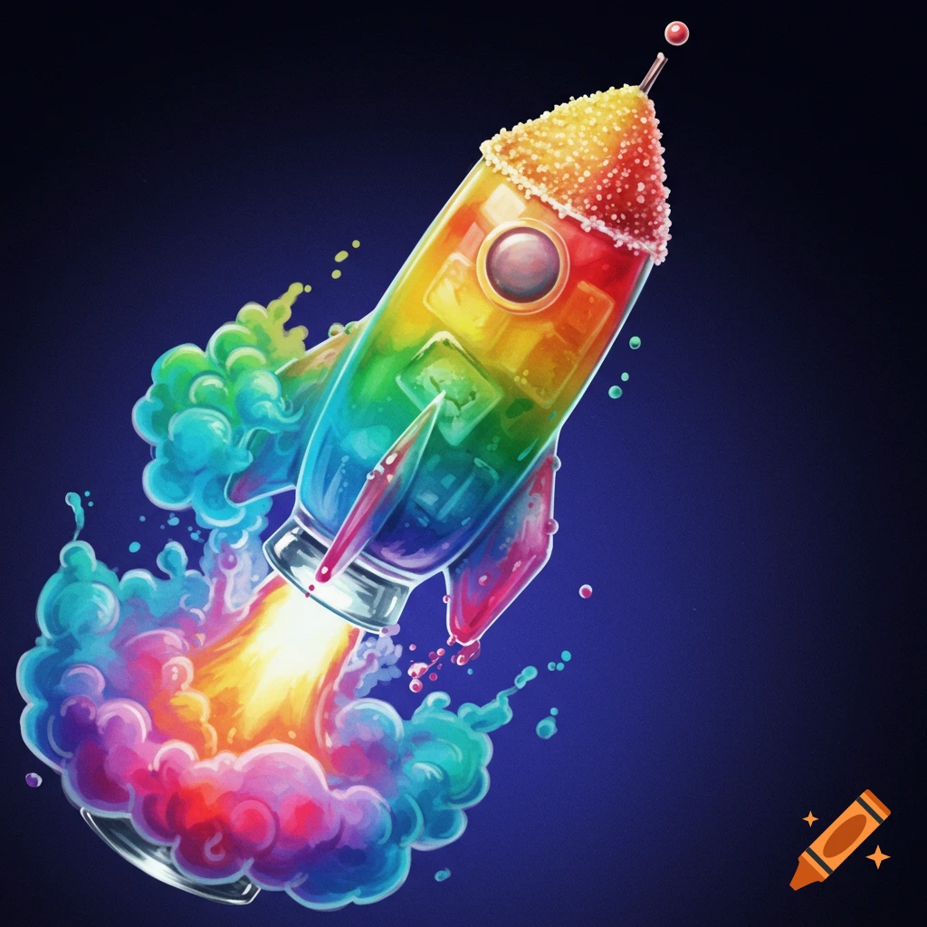 Colorful liquid rocket taking off with rainbow smoke and splashes.