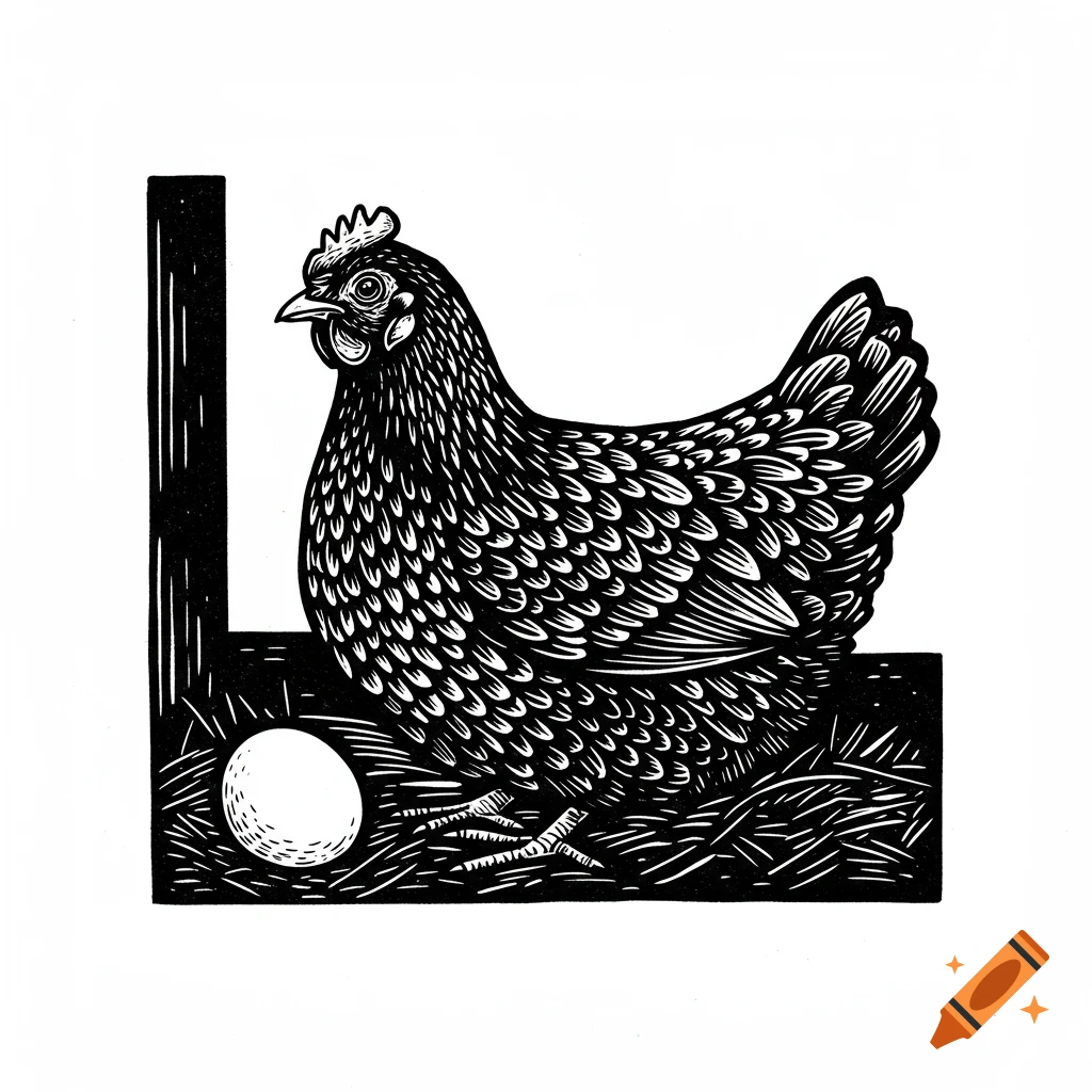 Black and white linocut illustration of a chicken and egg next to a large black shape.