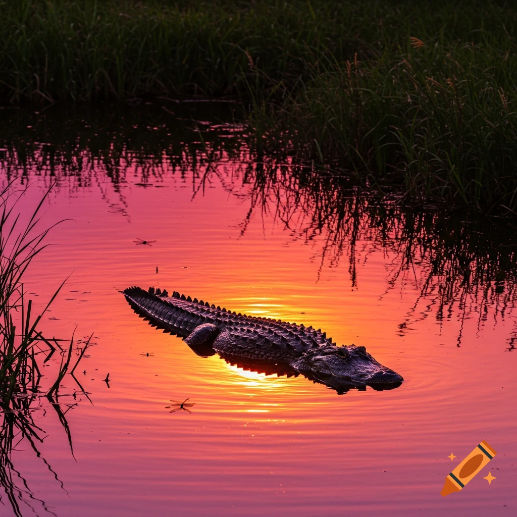 An alligator floats in a pond reflecting a vibrant pink and orange sunset.