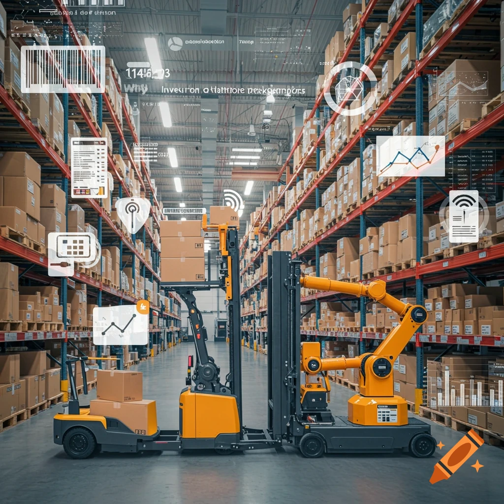 Automated forklifts and robots in a warehouse with data overlays.