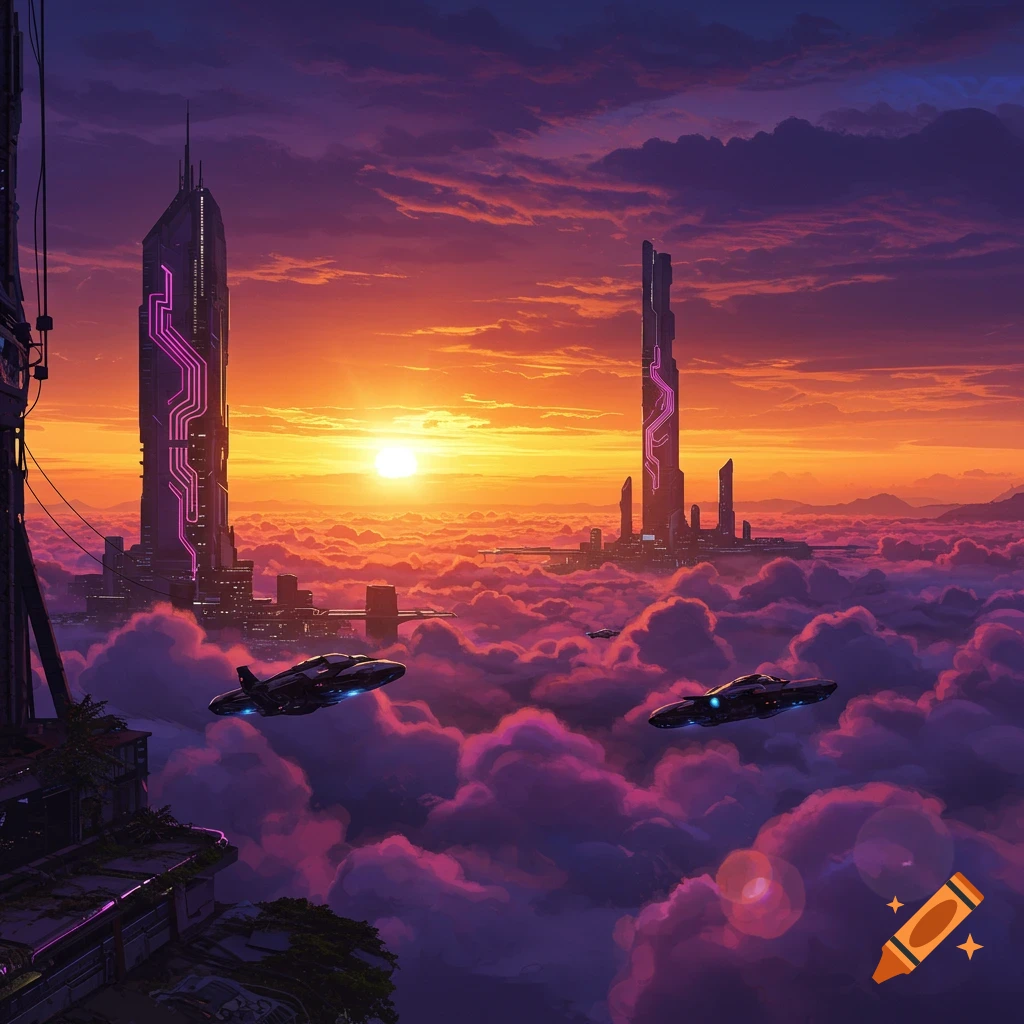 A futuristic city skyline above clouds at sunset with flying vehicles