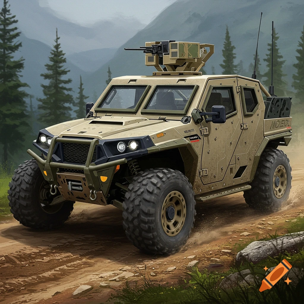 A tan military patrol vehicle driving on a dirt road through a forest.