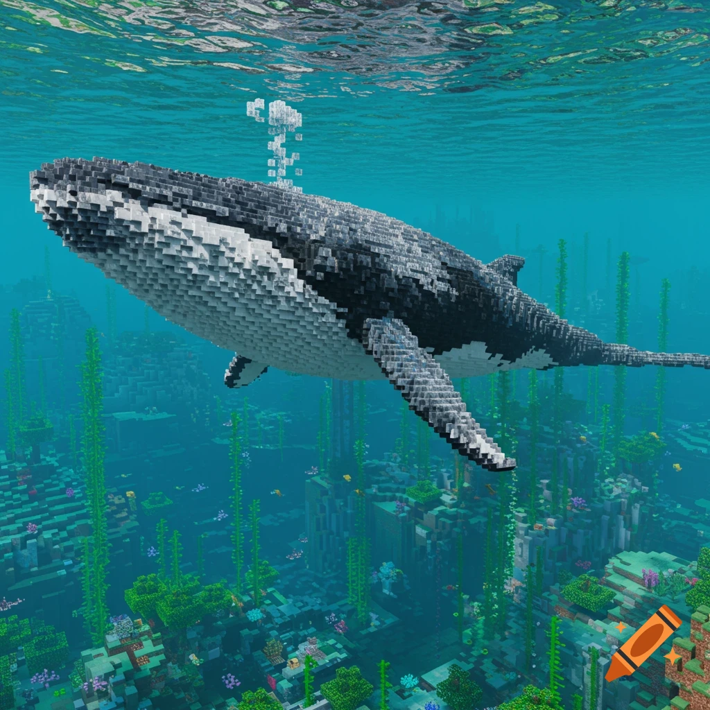 A Minecraft-style whale swims underwater amidst coral and plants.