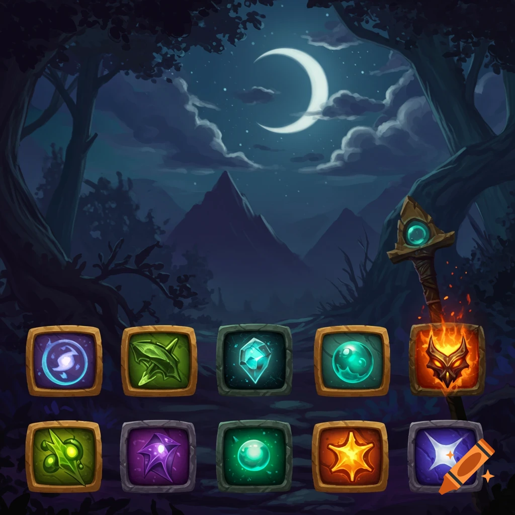 Fantasy game icons and a sword in a moonlit forest scene.