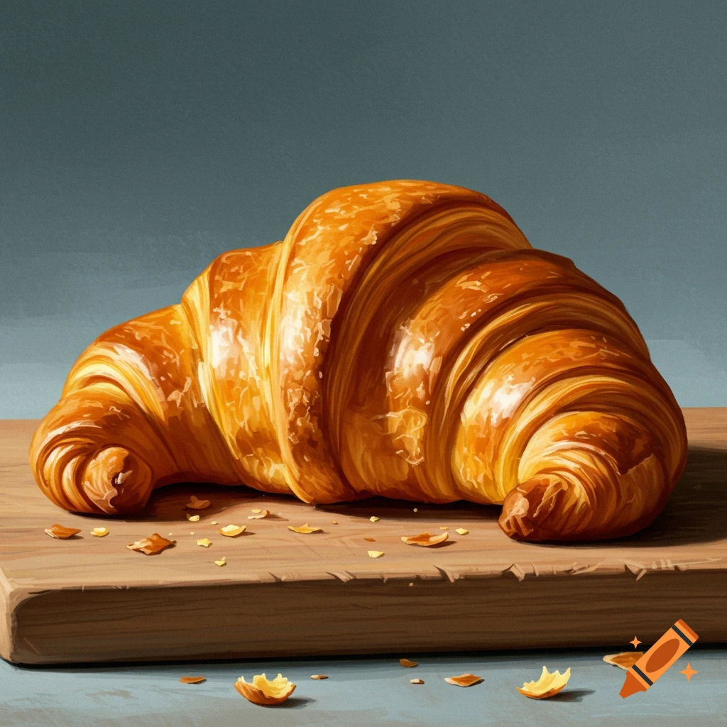 A croissant sits on a wooden cutting board, with crumbs scattered around it.