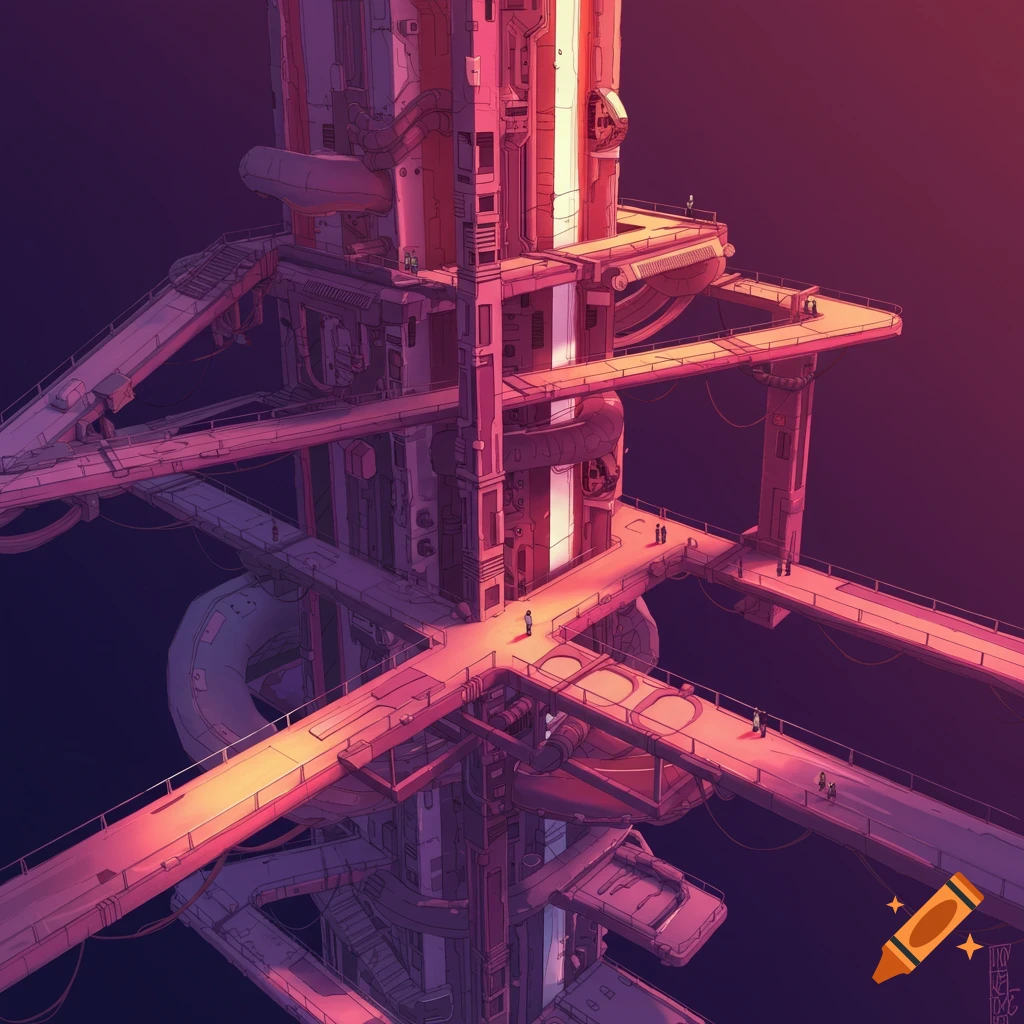 A complex futuristic structure with multiple platforms and walkways under purple and pink light.