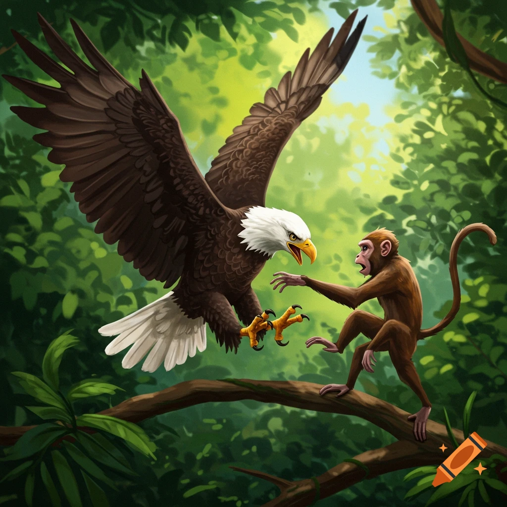An eagle flying toward a monkey on a jungle branch.