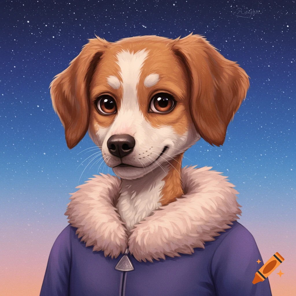 A dog in a purple jacket with fur collar against a starry sky.