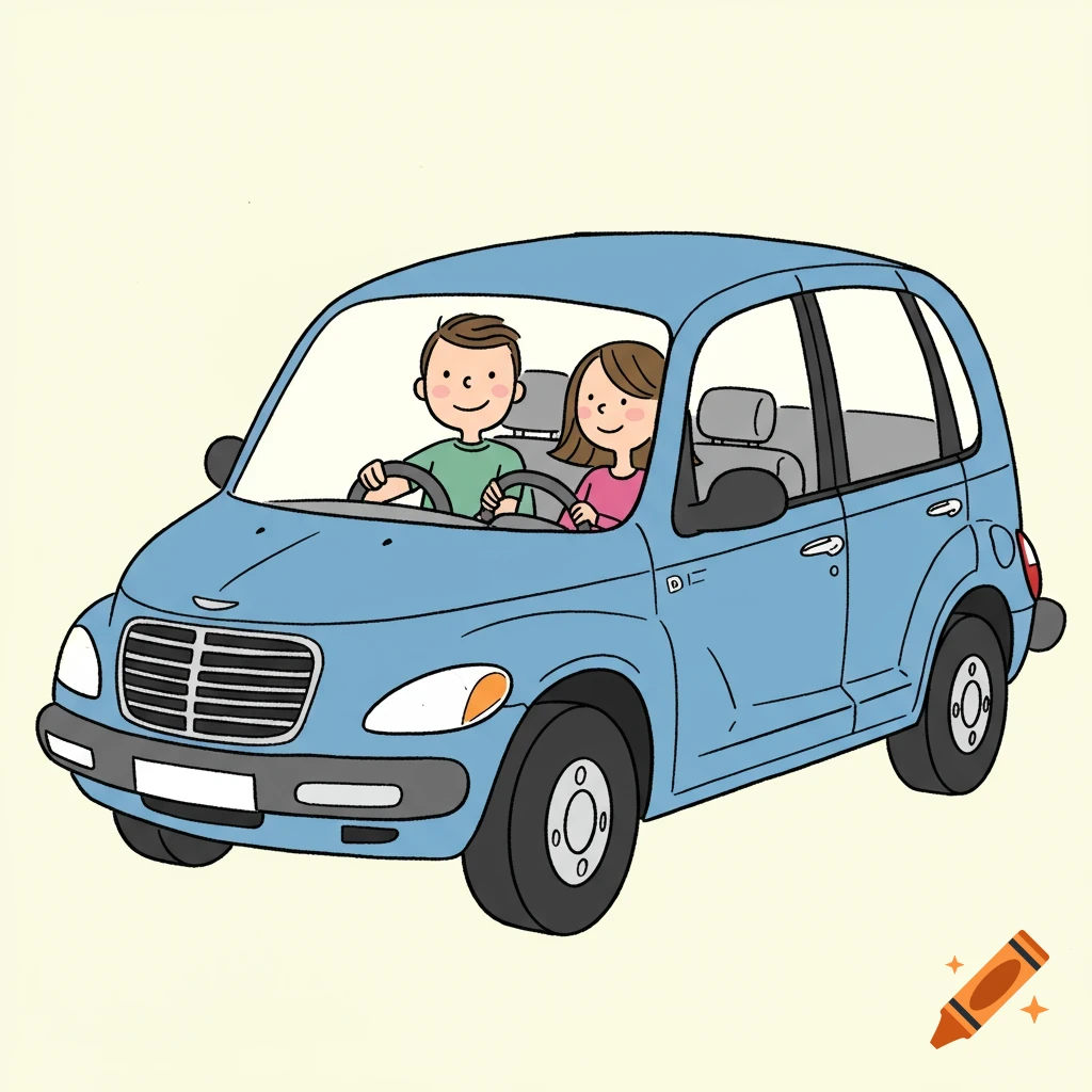 Illustration of a couple driving in a blue car.