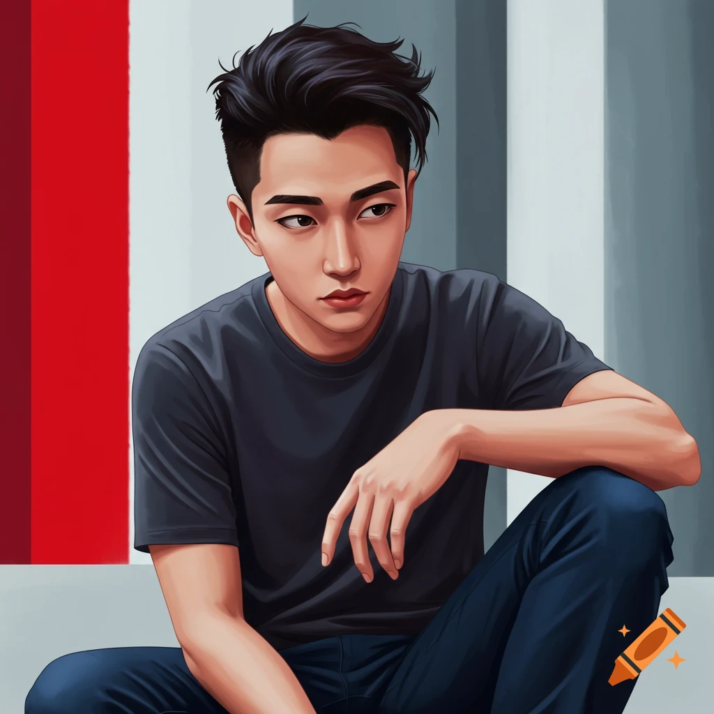 A young man is sitting and looking to the side, with a striped red and gray background.