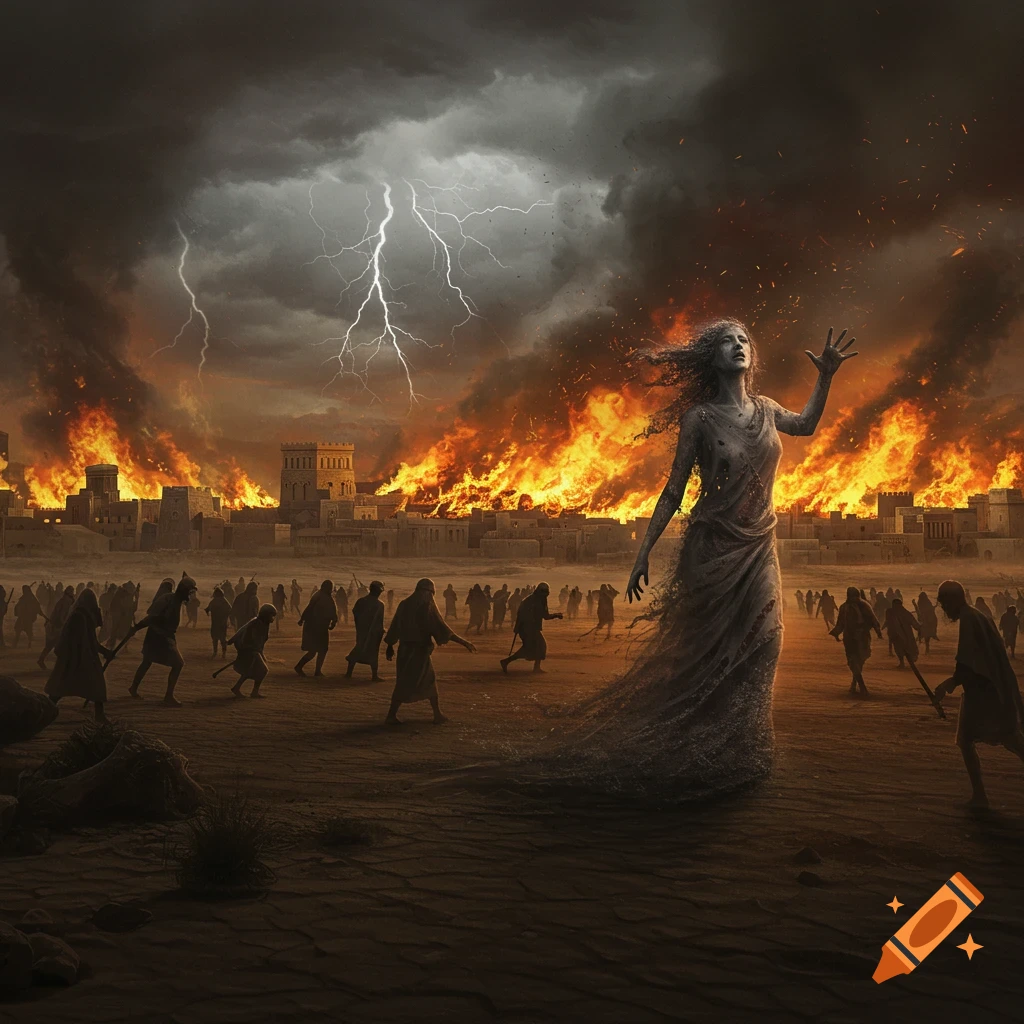 An apocalyptic scene with an ancient town burning under a stormy sky, figures fleeing, and a woman transforming into ash.