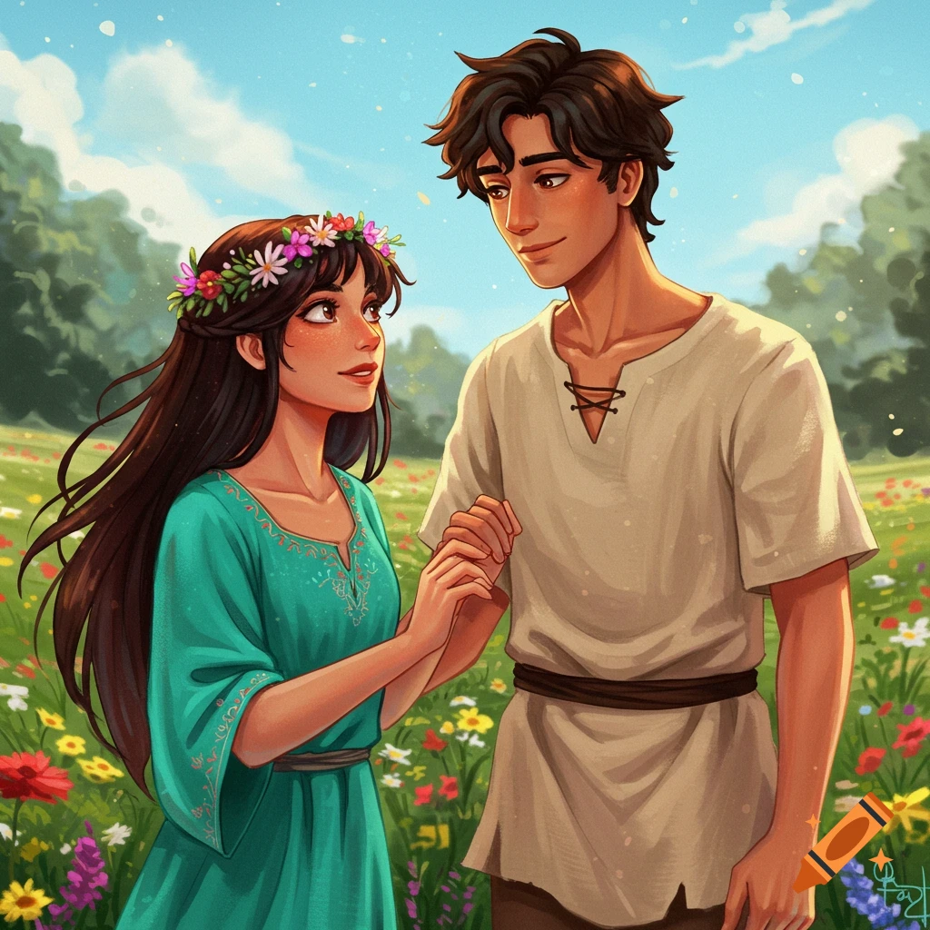 A young man and woman are holding hands in a sunny wildflower field.