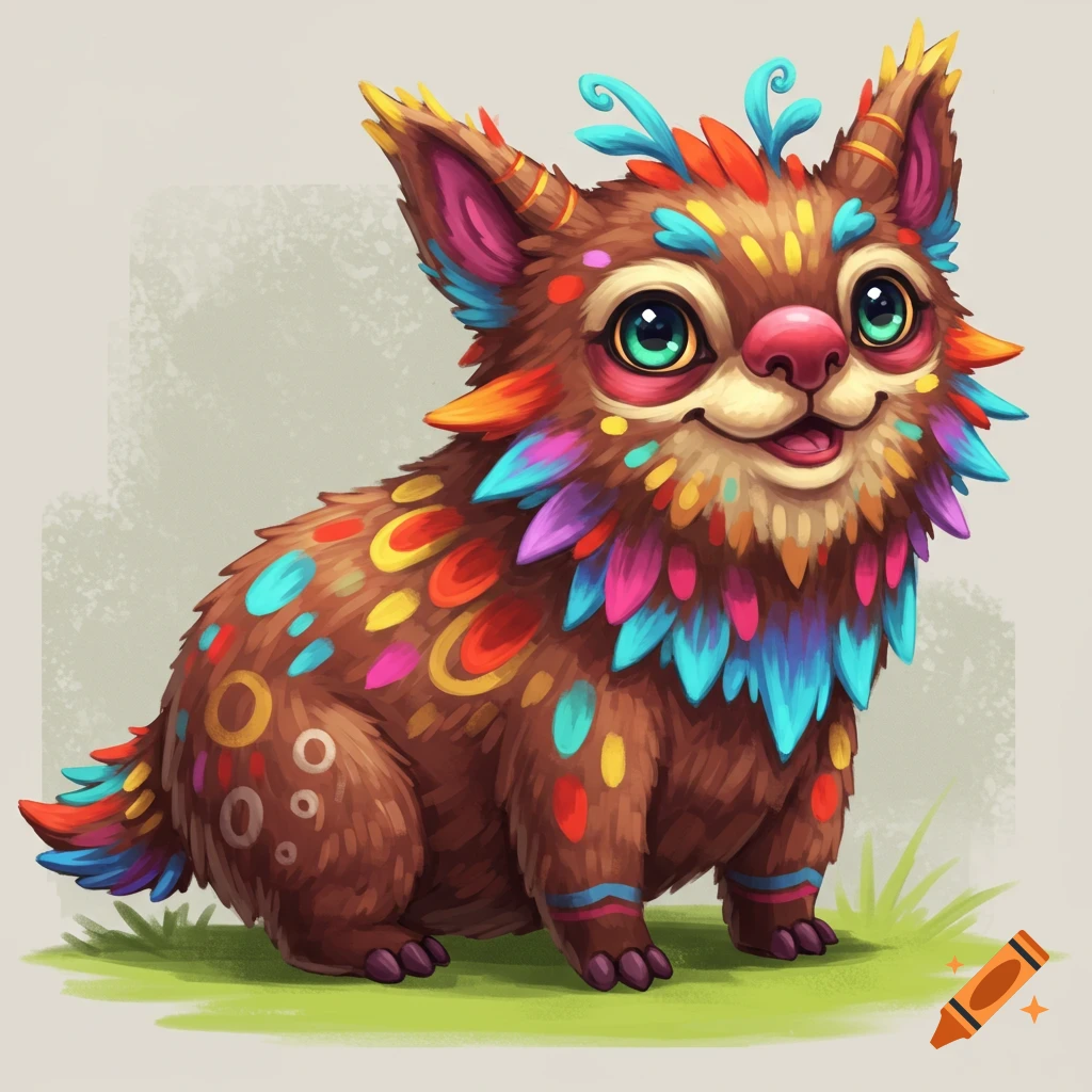 A cute, colorful fantasy creature sitting on grass.