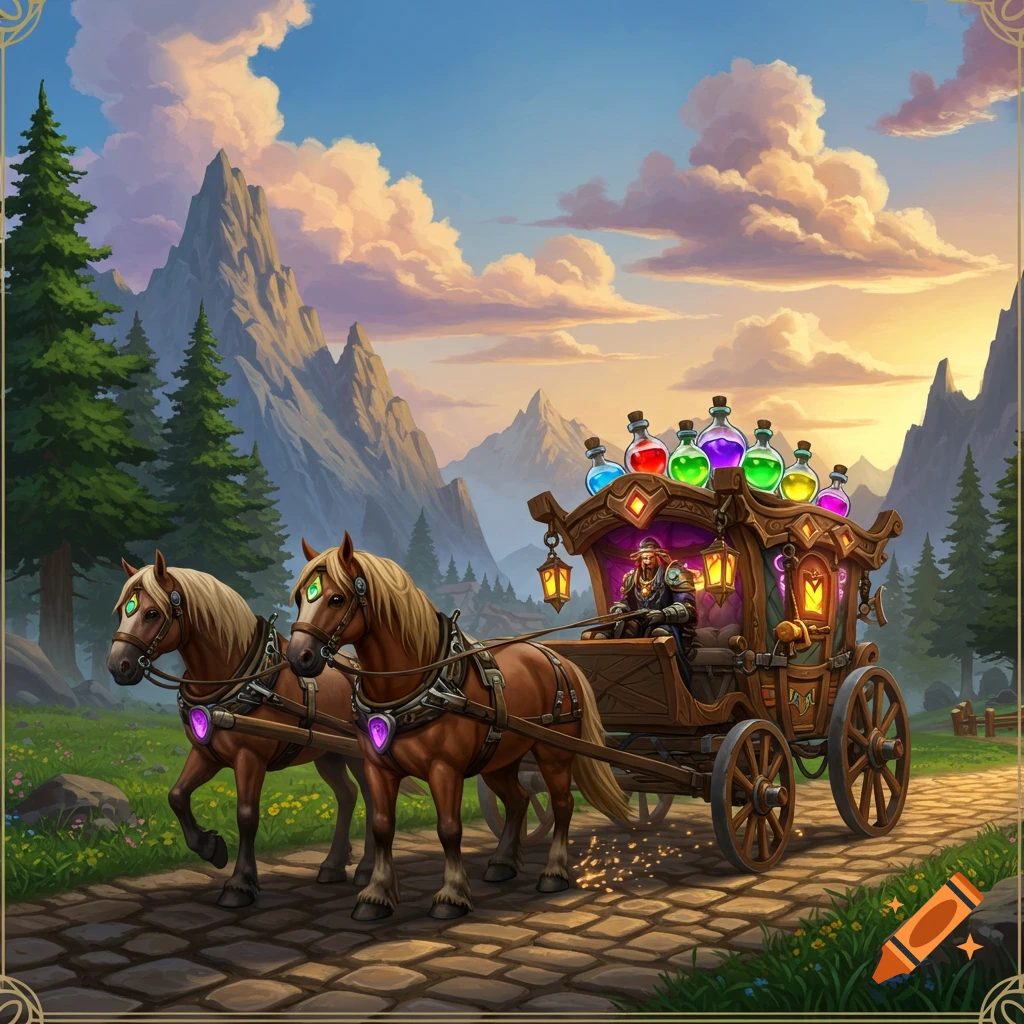A horse carriage delivering colorful potions on a path in a fantasy mountain landscape