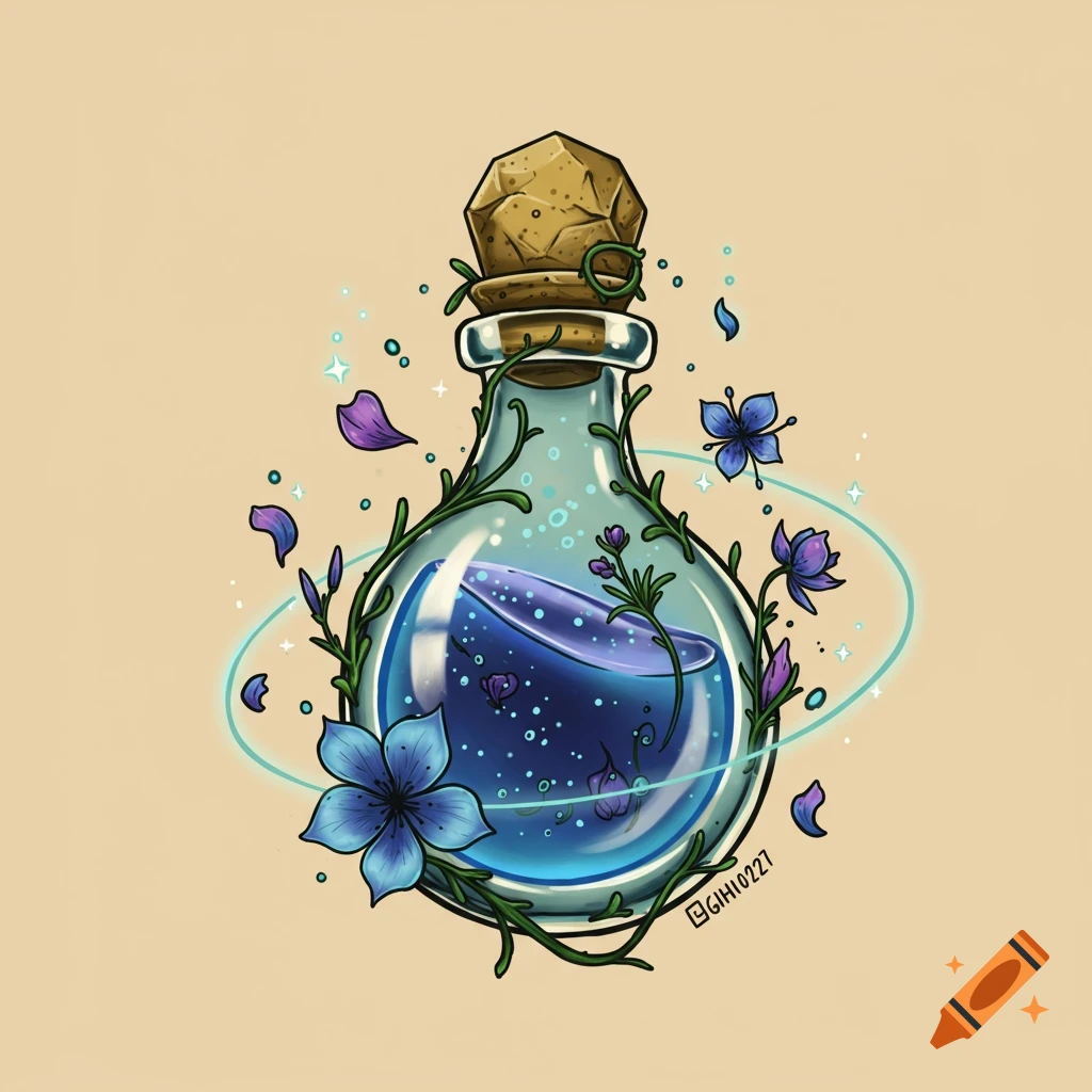 Illustration of a fantasy potion bottle wrapped in vines and flowers with a glowing aura