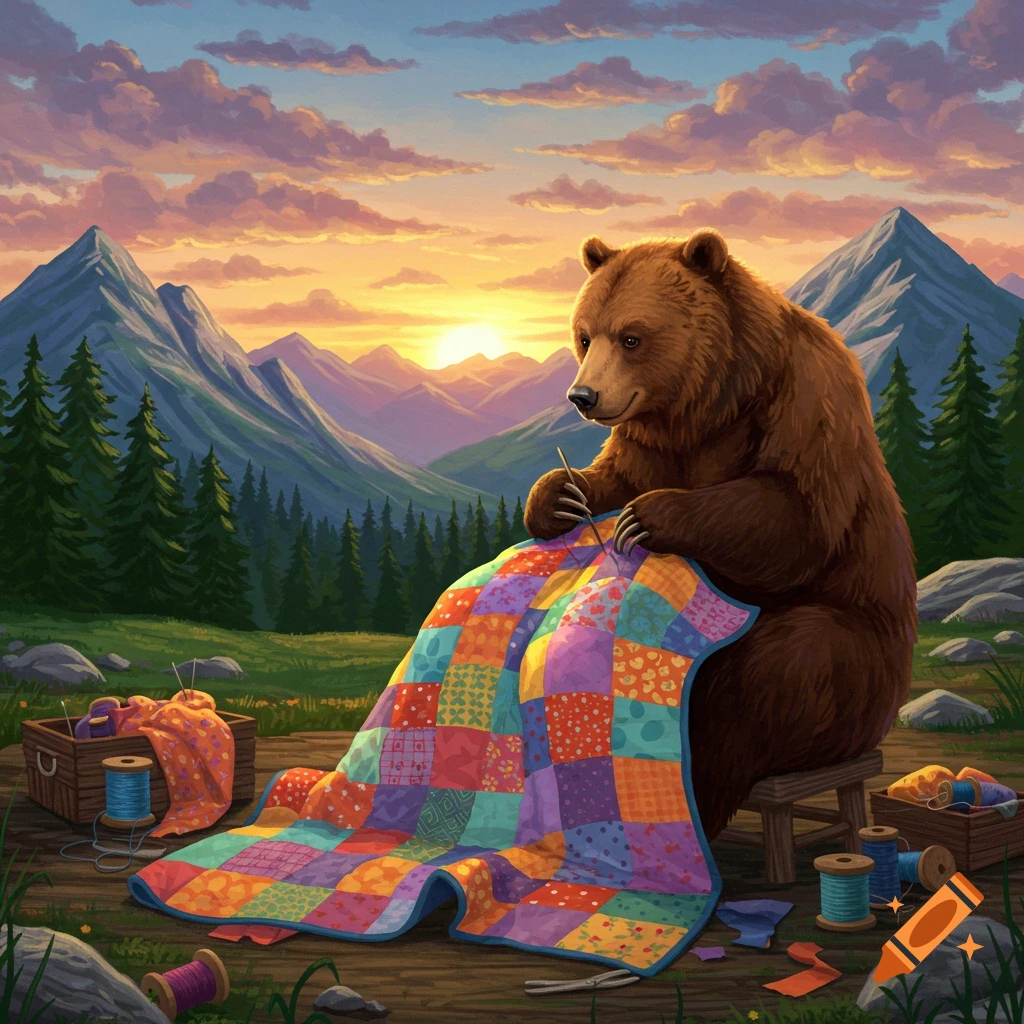 A bear sewing a colorful quilt in a mountain landscape at sunset
