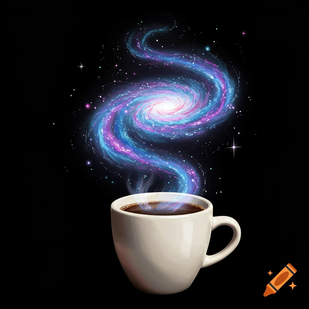 A swirling galaxy emerges from the steam of a white coffee cup on a black background.