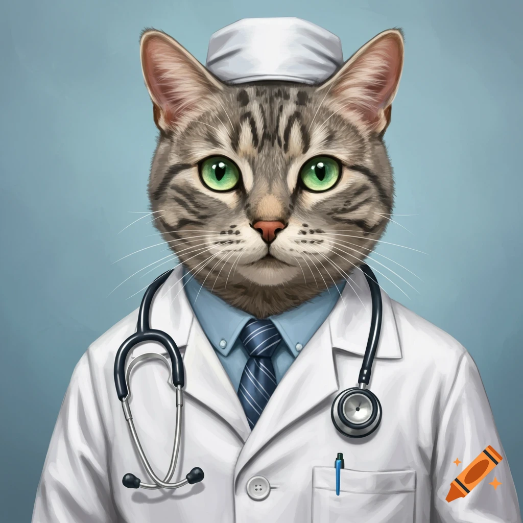 A grey and brown cat wearing a doctor's coat and stethoscope.