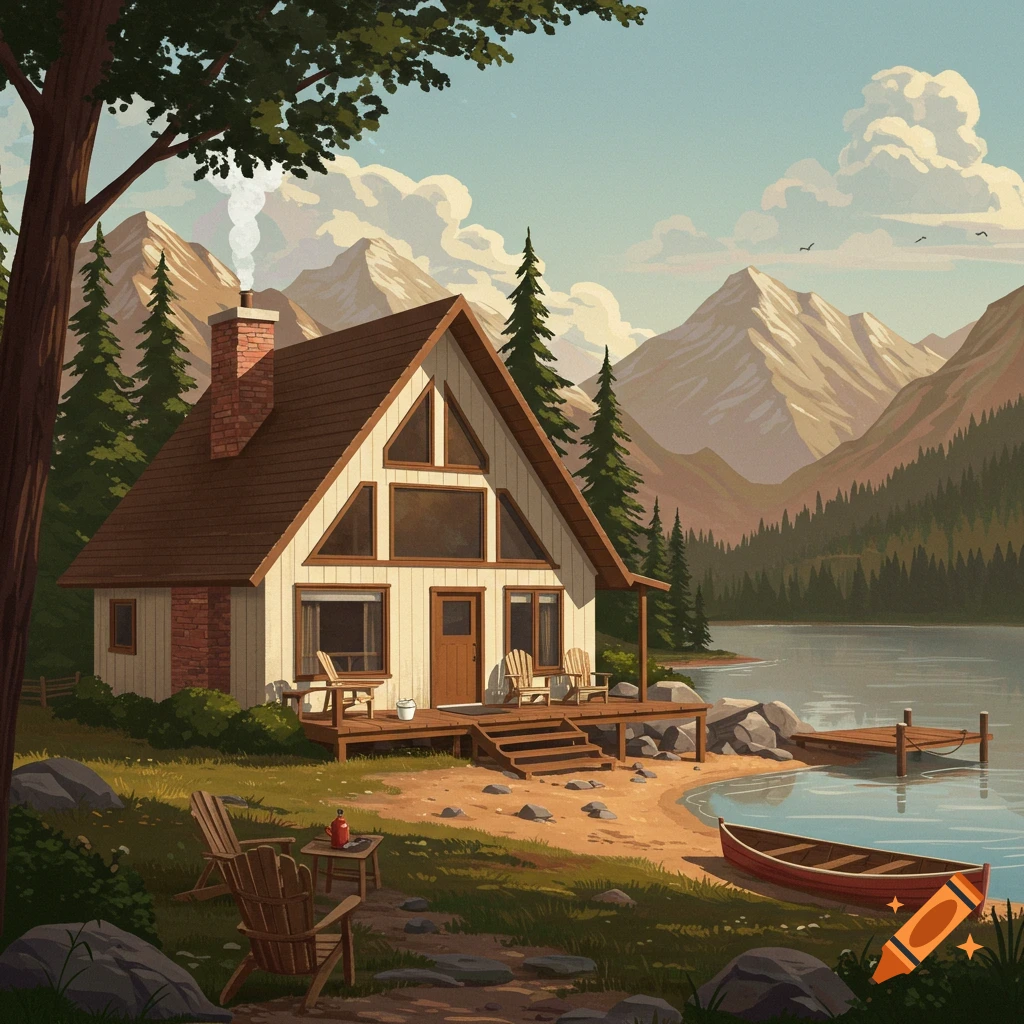 A midcentury cabin by a lake in the mountains.