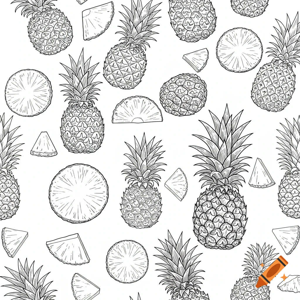 Black and white line art seamless pattern of pineapples and slices.
